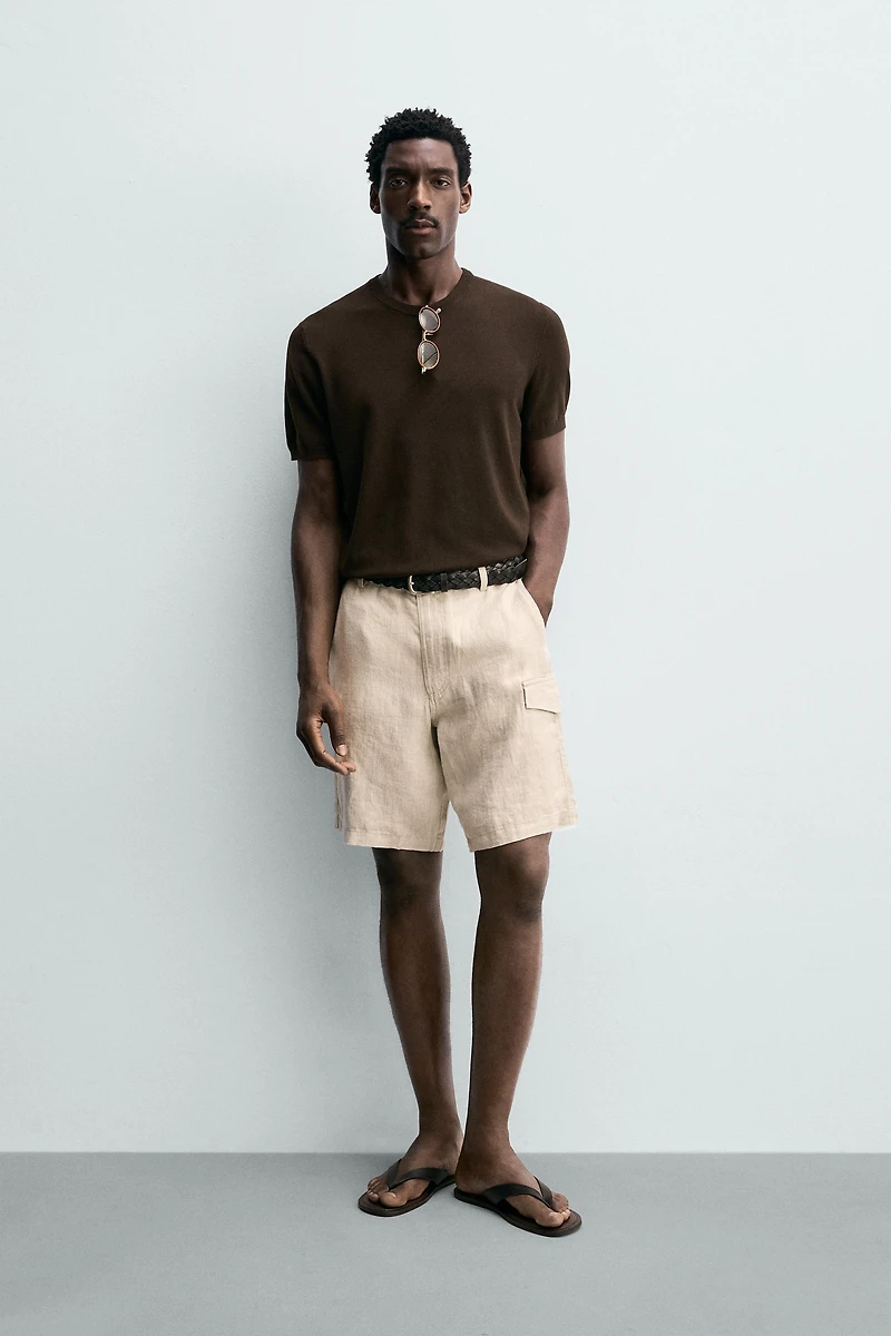 REGULAR FIT 100% LINEN CARGO SHORTS
