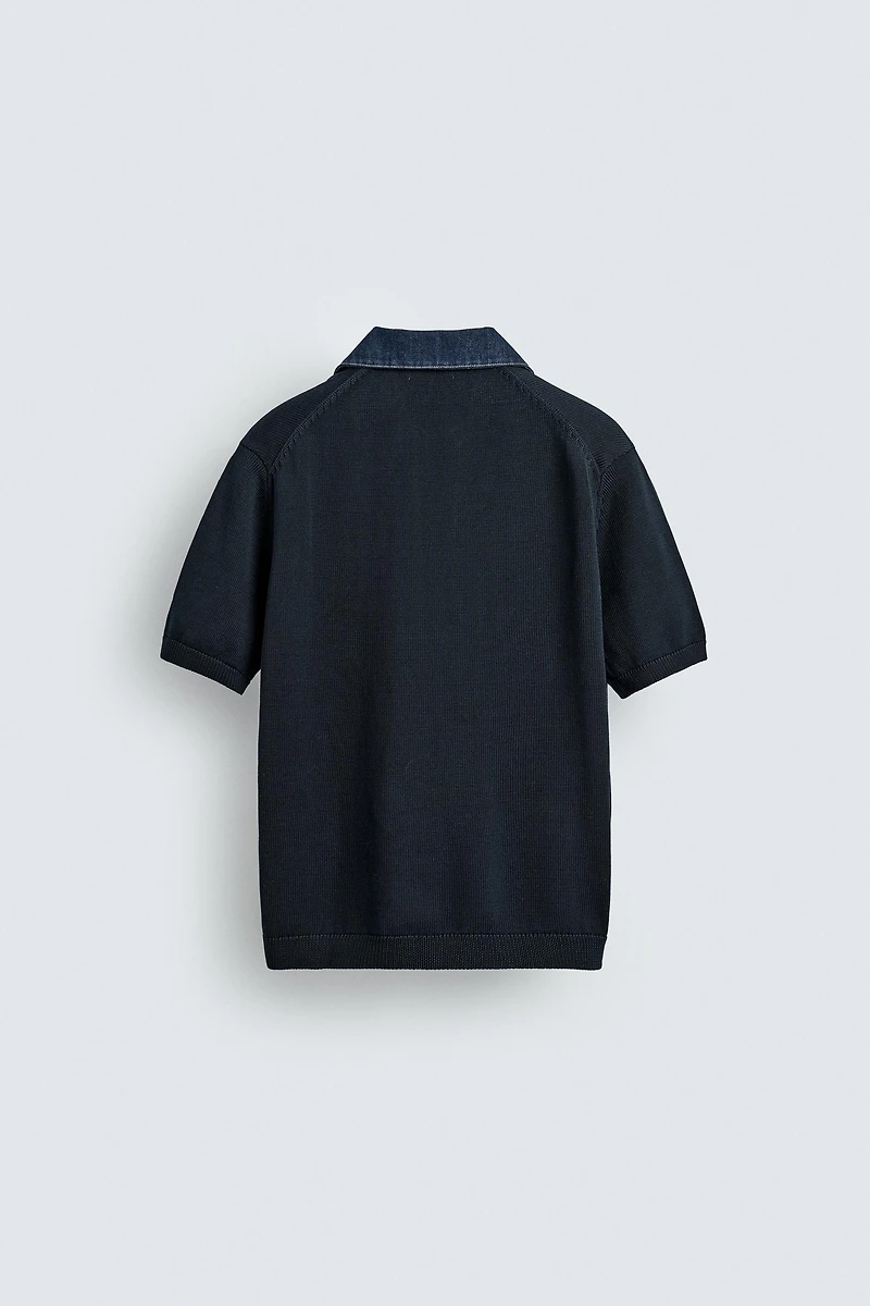 COMBINATION DENIM COLLAR KNIT POLO