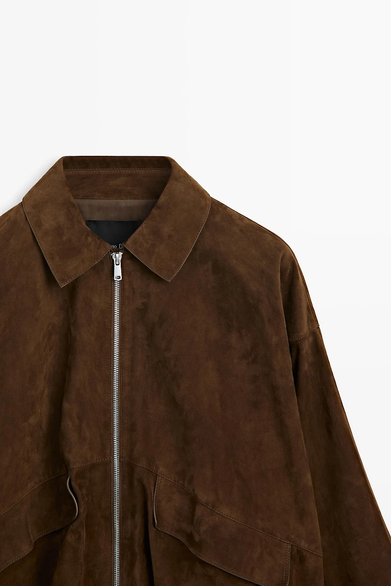 Oversize suede leather bomber jacket
