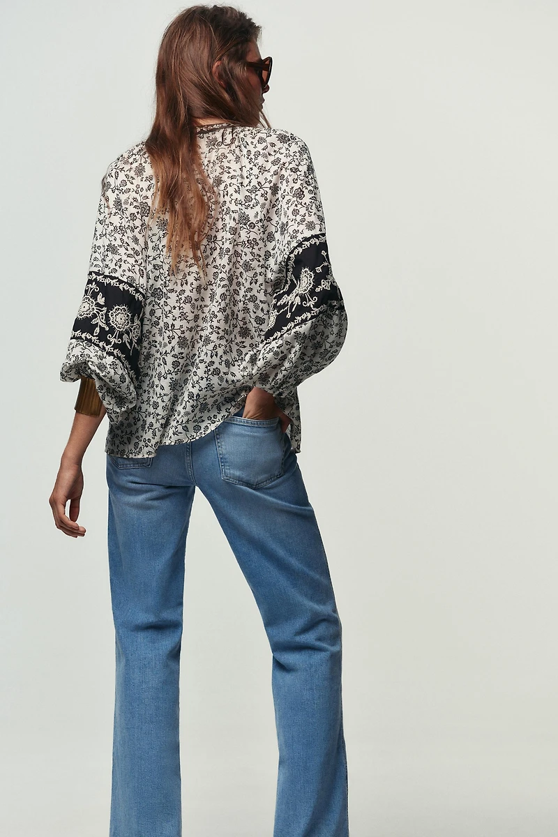 FLORAL PRINT BEADED EMBROIDERY BLOUSE