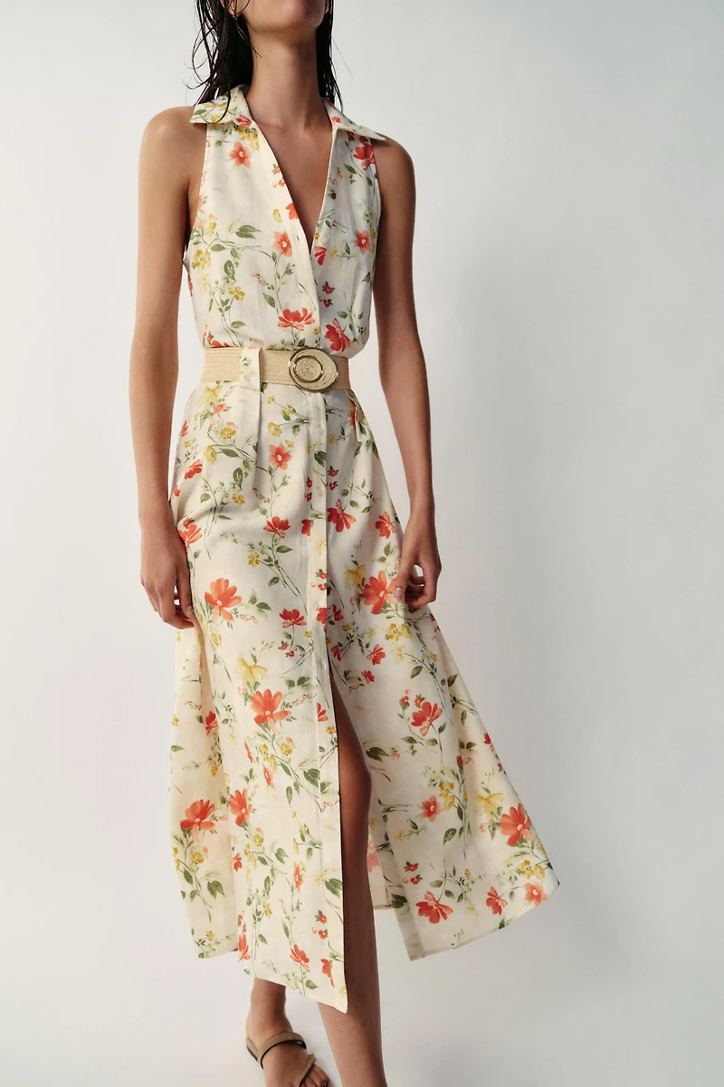 PRINTED BELTED MIDI DRESS
