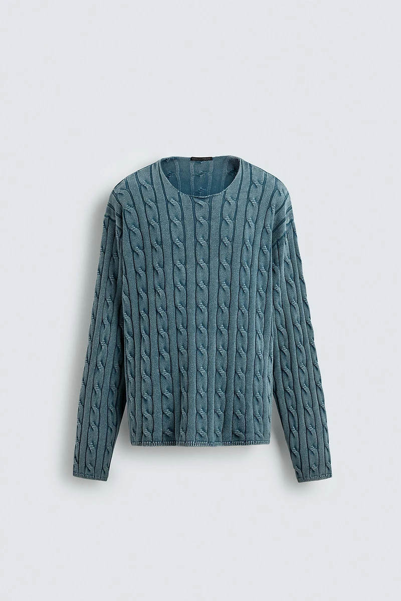 WASHED CABLE KNIT SWEATER