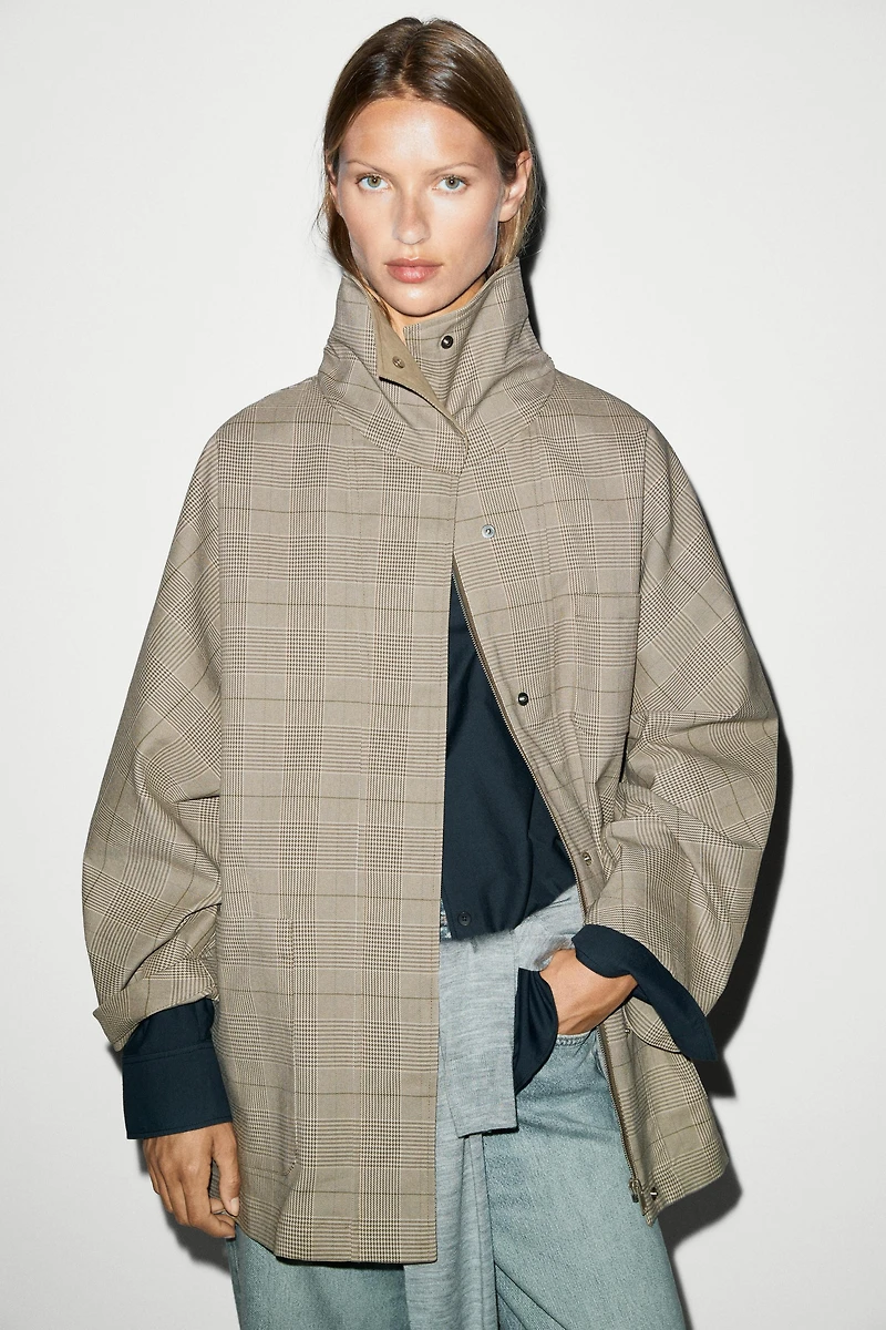 Cotton blend plaid high neck jacket