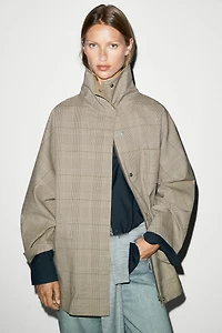 Cotton blend plaid high neck jacket