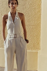 HALTER LINEN BELTED JUMPSUIT