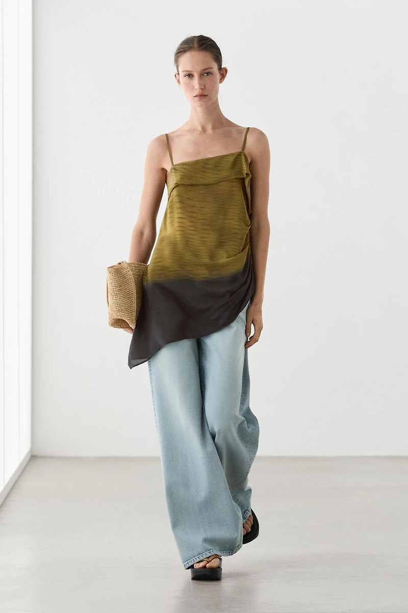 Asymmetric strappy top with draped detail