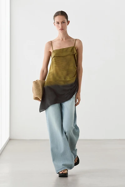 Asymmetric strappy top with draped detail