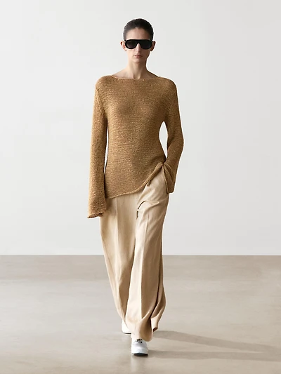 Cotton blend knit boat neck sweater
