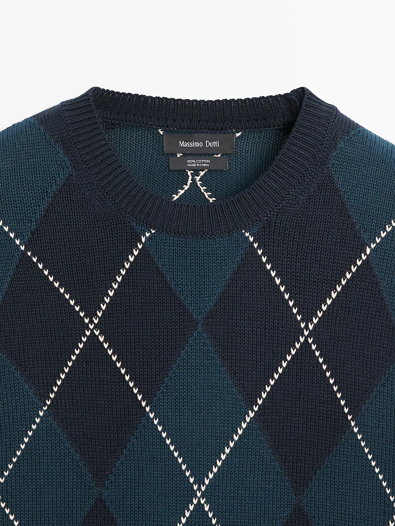 Cotton knit sweater with argyle detail