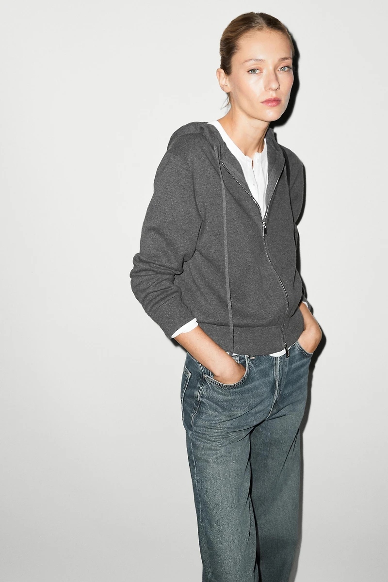 Cotton blend knit hooded cardigan