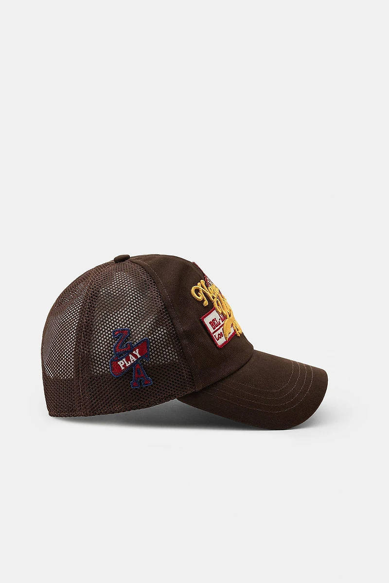 TWILL MESH CAP WITH EMBROIDERED PATCHES