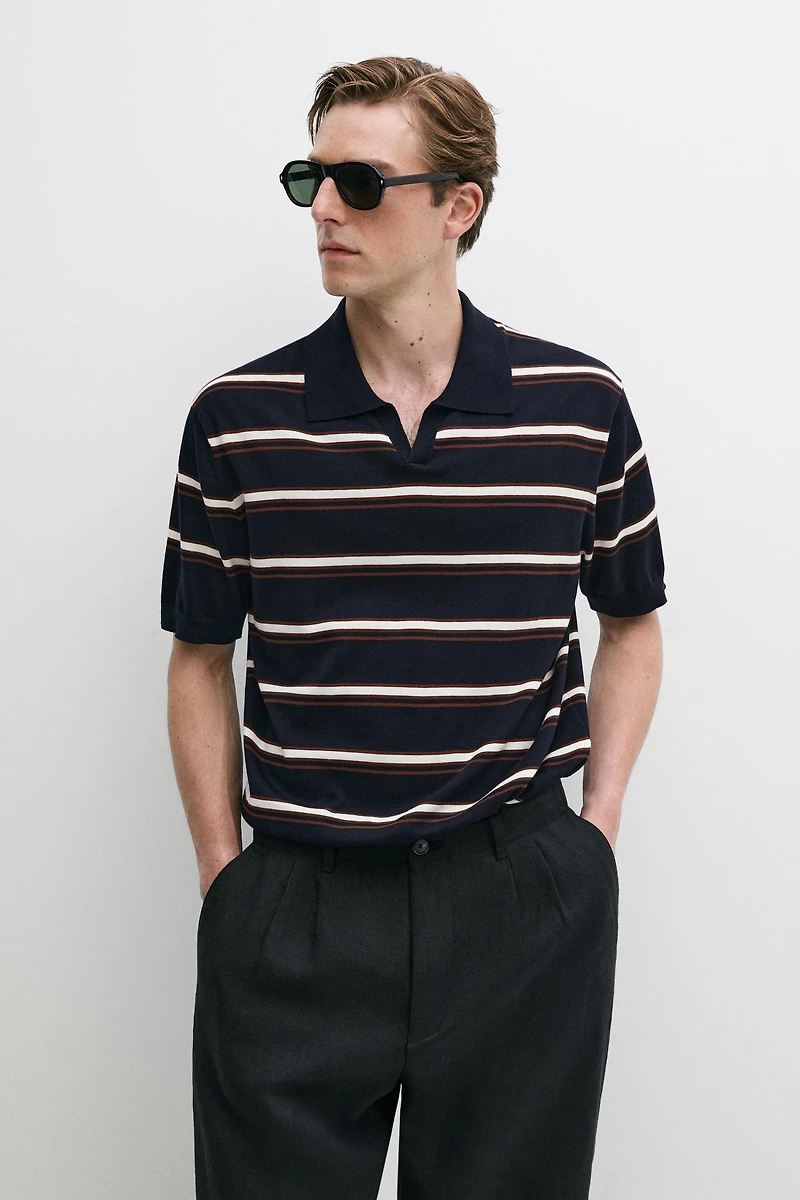 Striped V-neck knit polo shirt