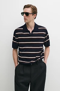 Striped V-neck knit polo shirt