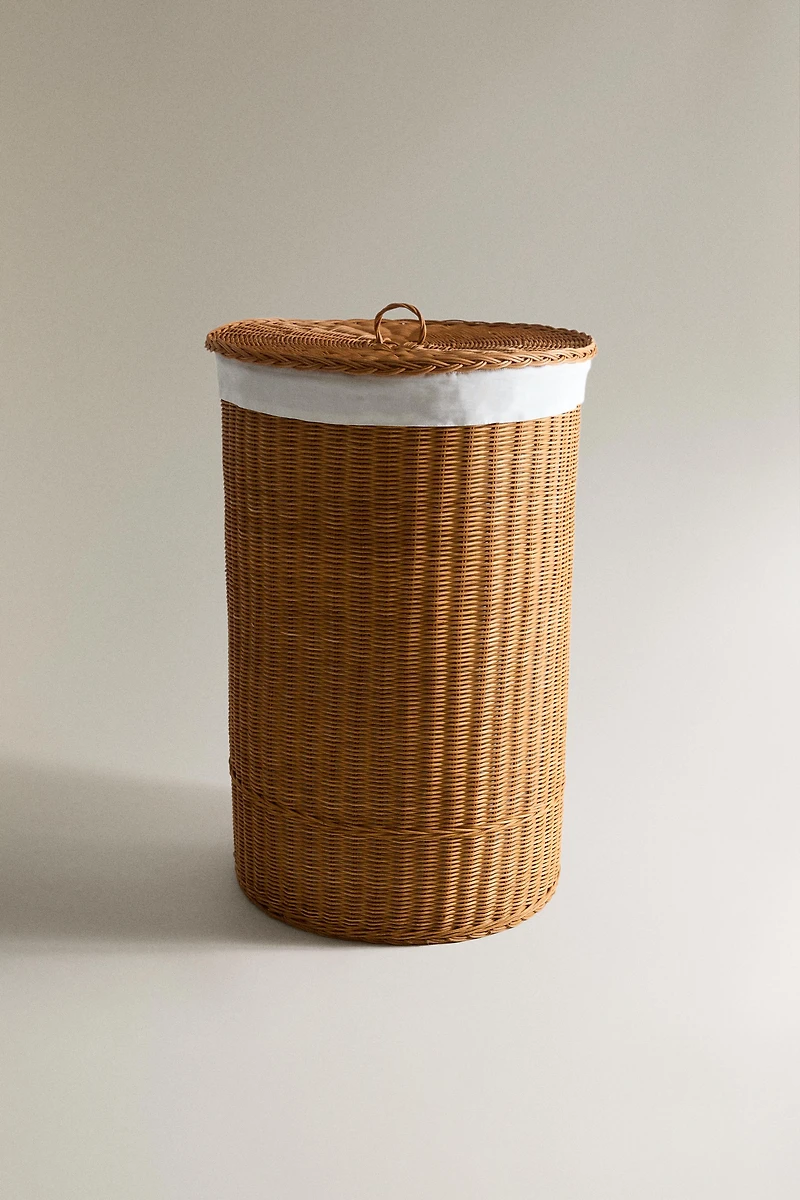 RATTAN AND COTTON LAUNDRY BASKET