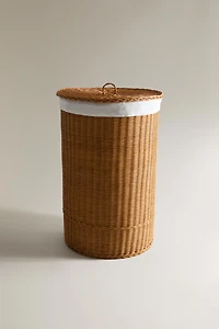 RATTAN AND COTTON LAUNDRY BASKET
