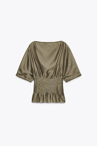 PLEATED WAIST MIXED KNIT BLOUSE