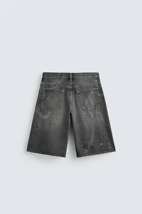 CHAIN EFFECT WASHED DENIM SHORTS