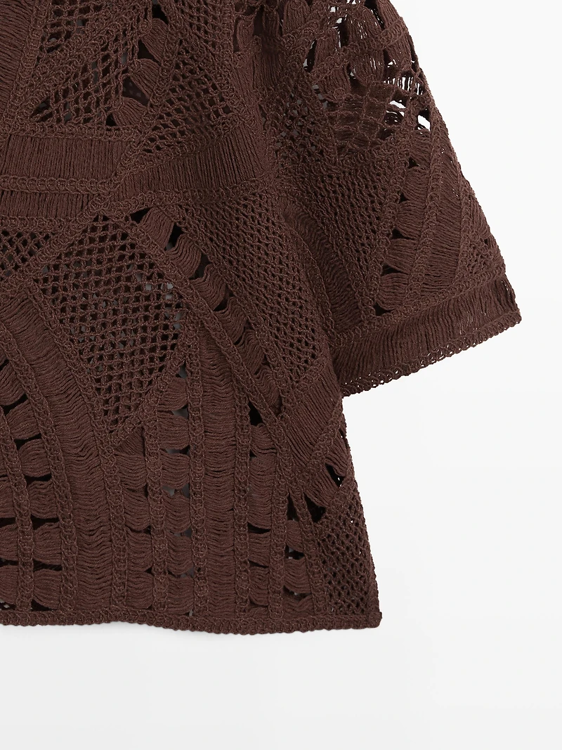 Cotton blend crochet polo T-shirt