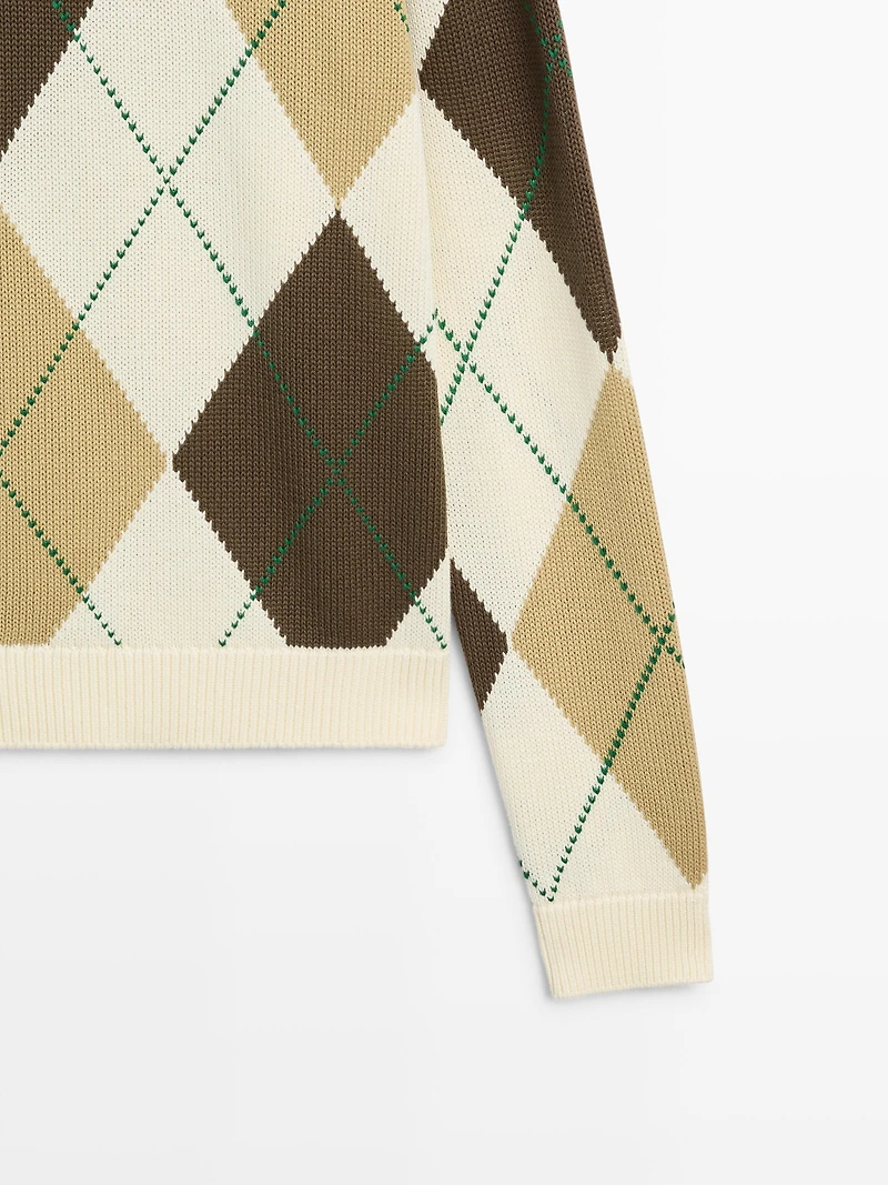 100% cotton knit sweater with Argyle detail