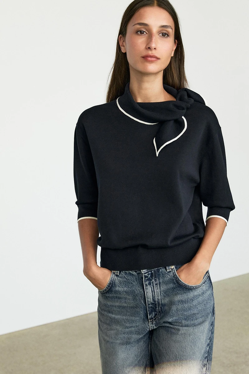 100% cotton knit sweater with scarf detail