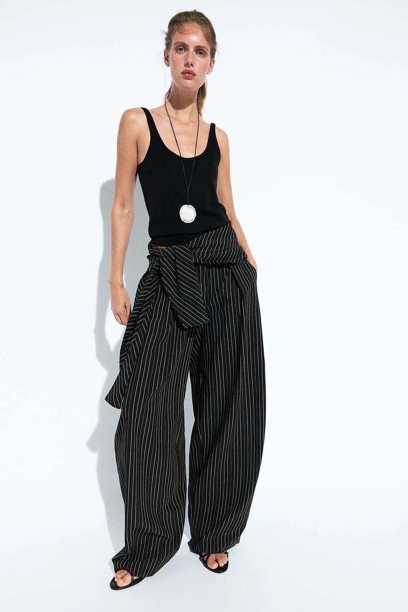 Striped barrel fit pants with scarf detail