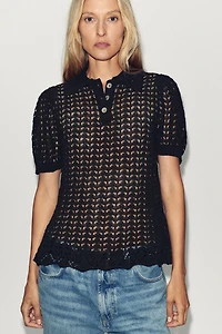 POINTELLE KNIT POLO COLLAR TOP