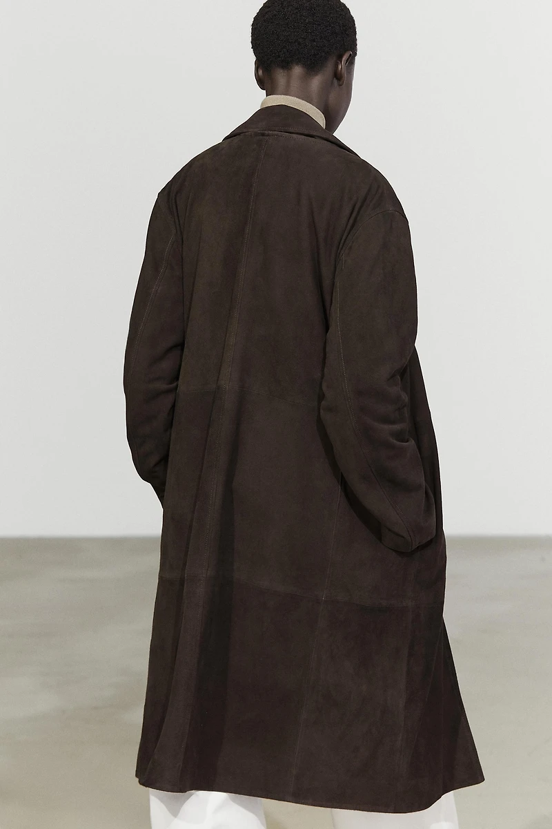 Manteau en cuir finition daim à col amovible