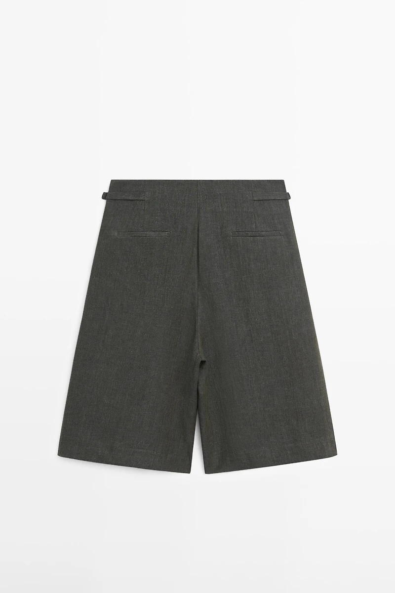 Long melange linen Bermuda shorts with buckle detail