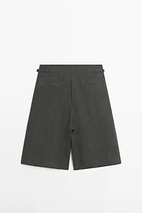 Long melange linen Bermuda shorts with buckle detail