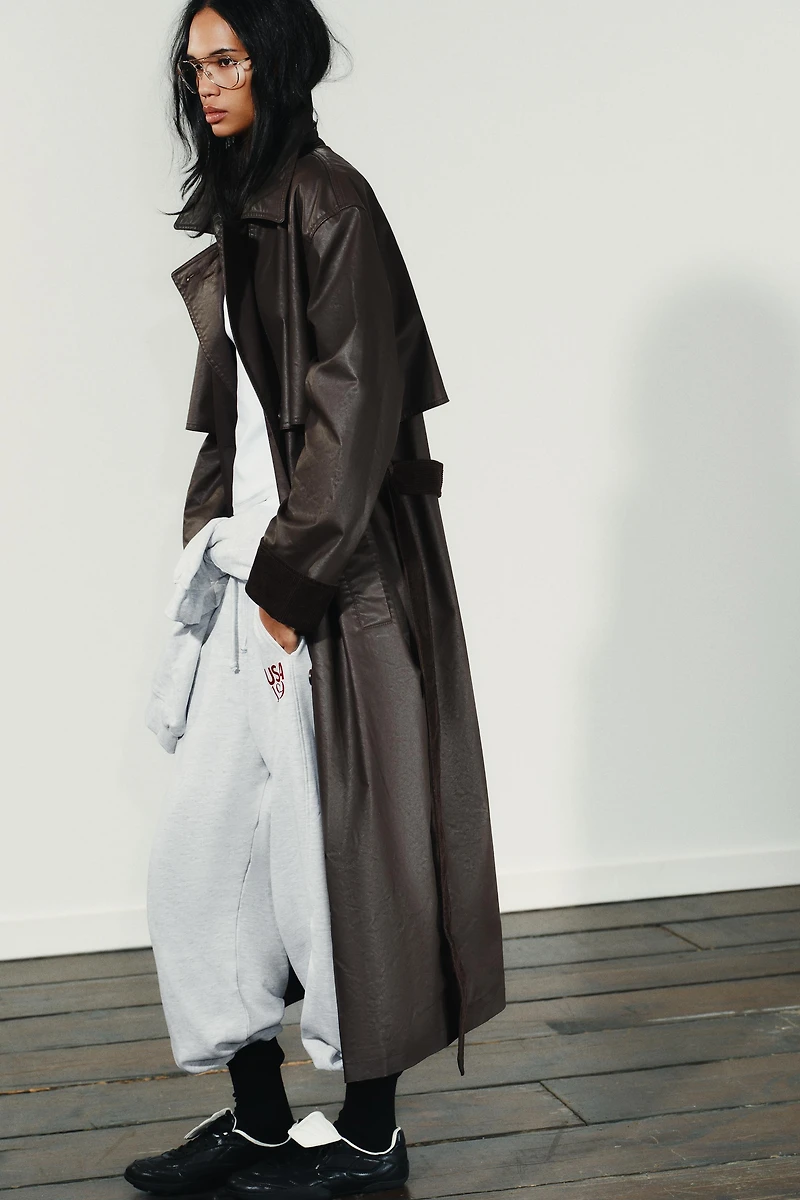LONG WAXED TRENCH COAT WITH CORDUROY CUFFS