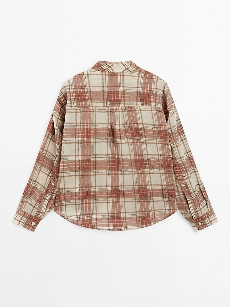 Oversized checked shirt with stand collar