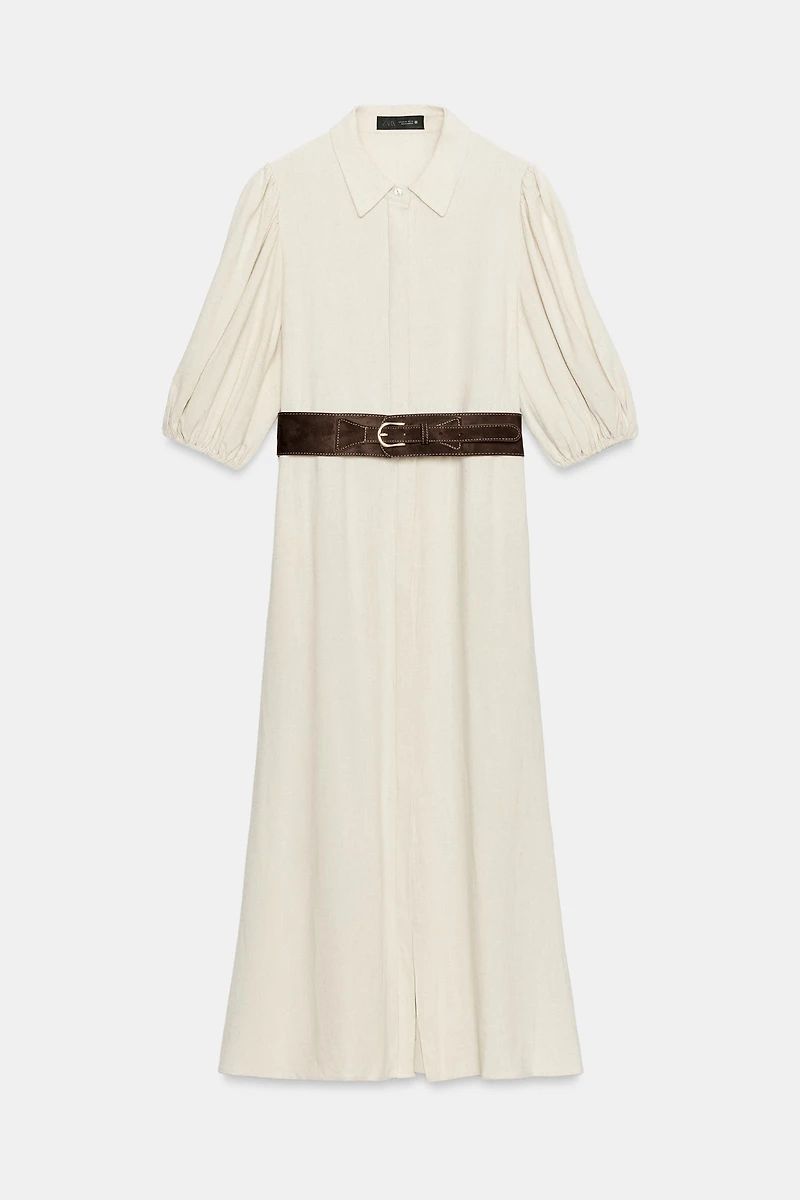 LINEN BLEND MIDI DRESS WITH BELT