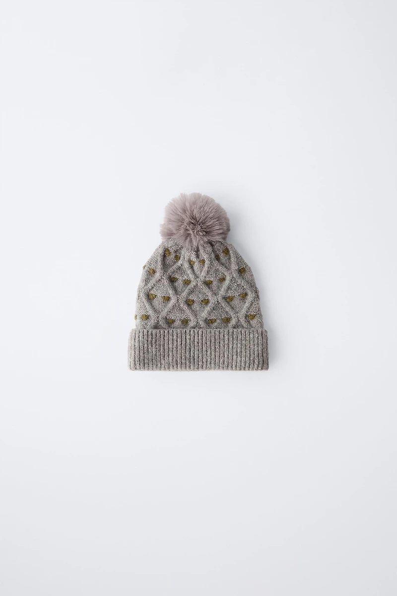 POLKA DOT KNIT HAT WITH POMPOM
