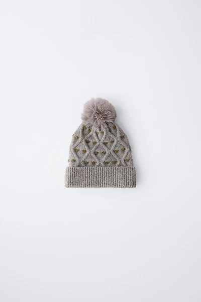 POLKA DOT KNIT HAT WITH POMPOM