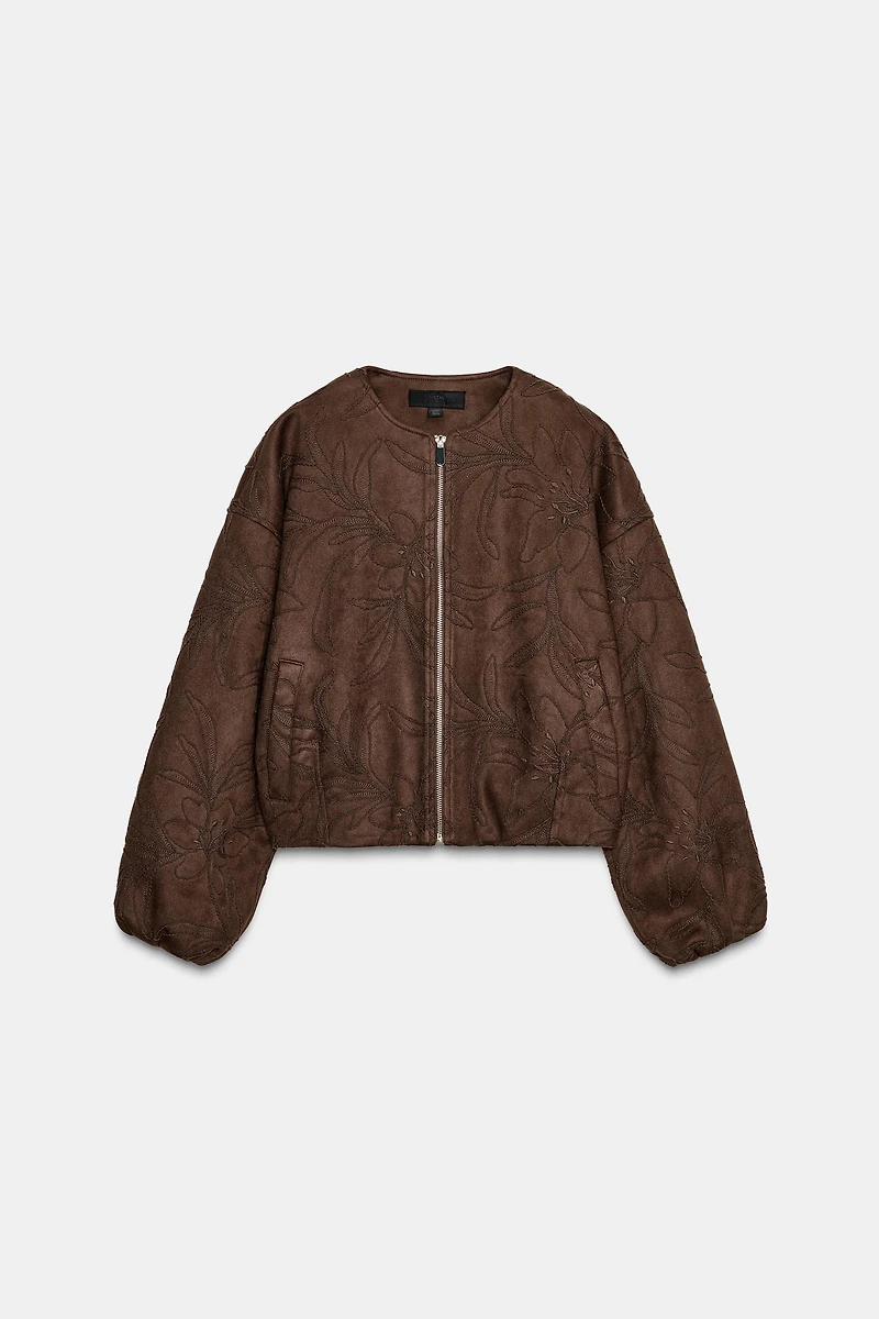 EMBROIDERED FAUX SUEDE BOMBER JACKET