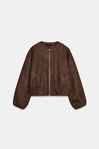 EMBROIDERED FAUX SUEDE BOMBER JACKET
