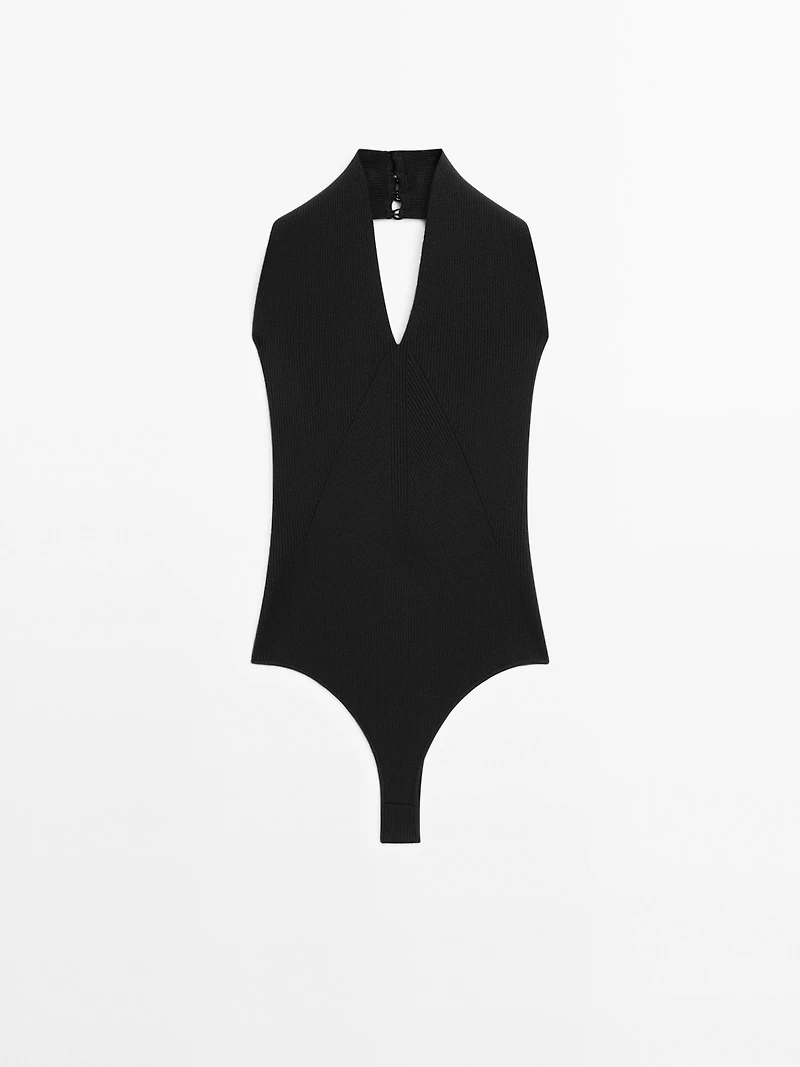 Knit halter bodysuit with V-neck - STUDIO