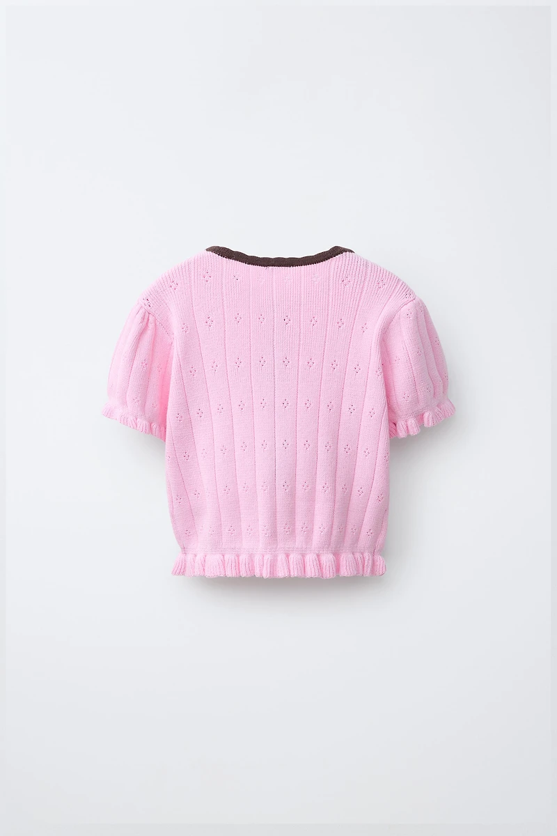 EMBROIDERED FLORAL CONTRAST KNIT TOP