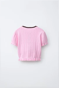 EMBROIDERED FLORAL CONTRAST KNIT TOP