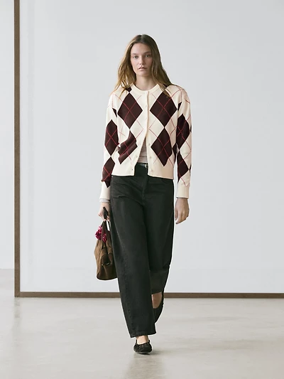 Cotton argyle knit cardigan