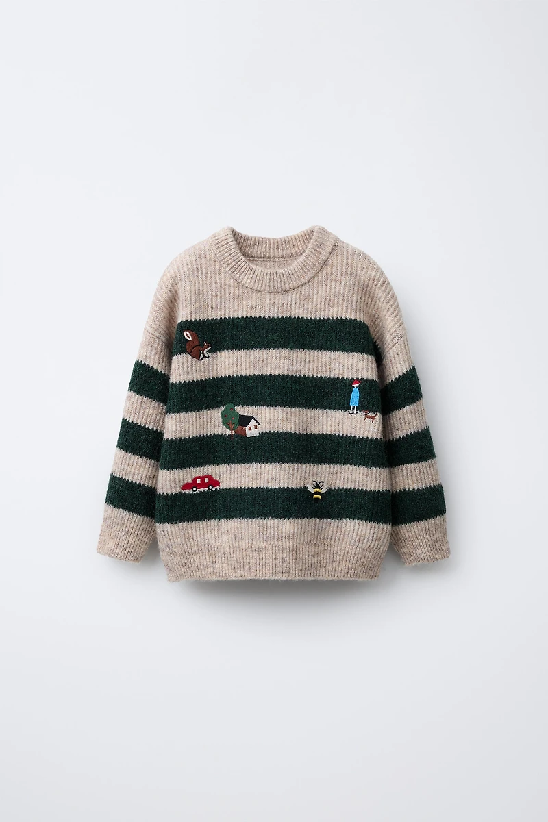 STRIPED KNIT SWEATER WITH FOREST EMBROIDERY