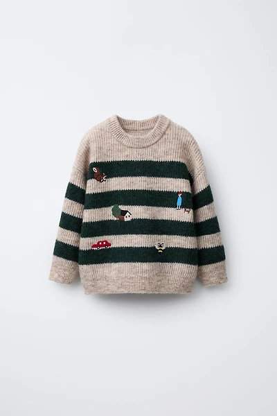 STRIPED KNIT SWEATER WITH FOREST EMBROIDERY