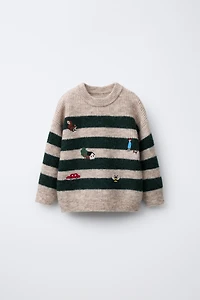 STRIPED KNIT SWEATER WITH FOREST EMBROIDERY