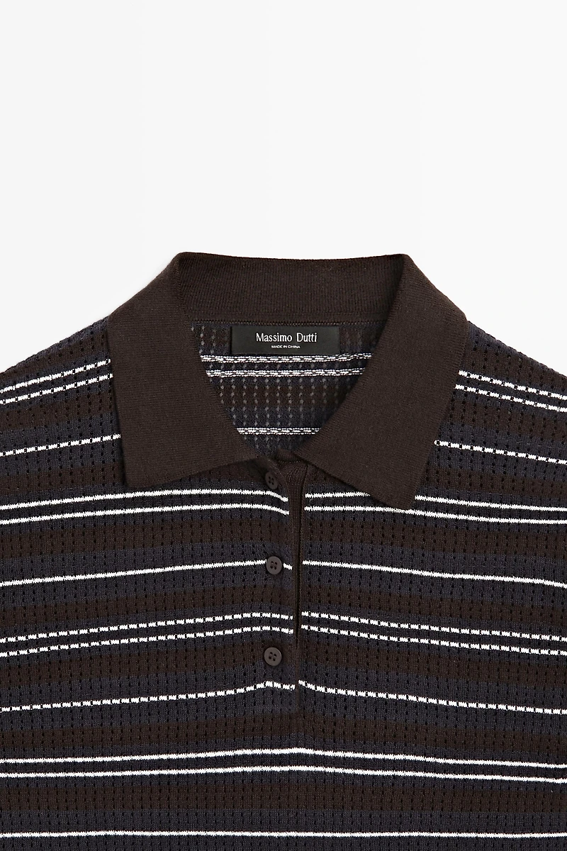 Cotton blend striped open-knit polo shirt