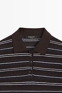Cotton blend striped open-knit polo shirt