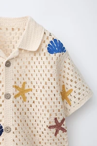 MARINE MOTIF CROCHET KNIT SHIRT