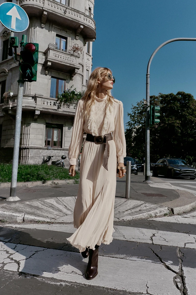 BELTED LACE MIDI DRESS