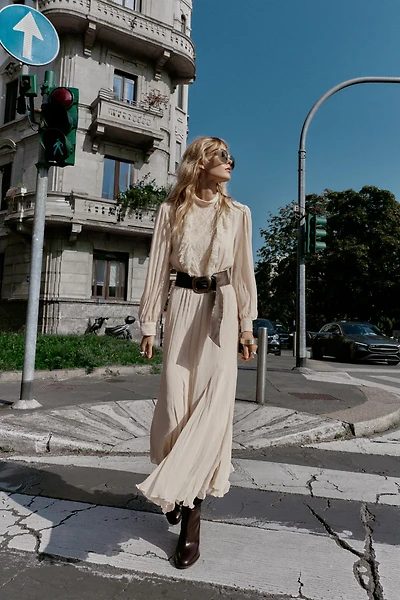 BELTED LACE MIDI DRESS