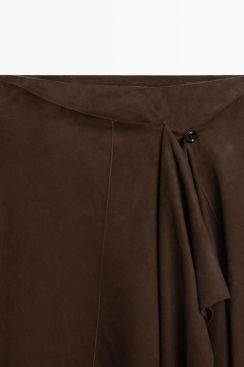 Suede leather midi skirt with ruffle detail