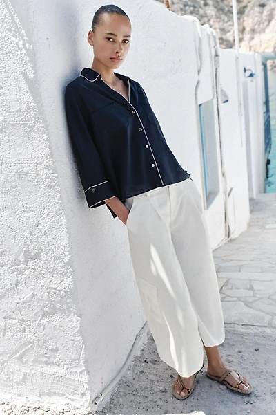 LINEN BLEND SHIRT WITH CONTRAST PIPING